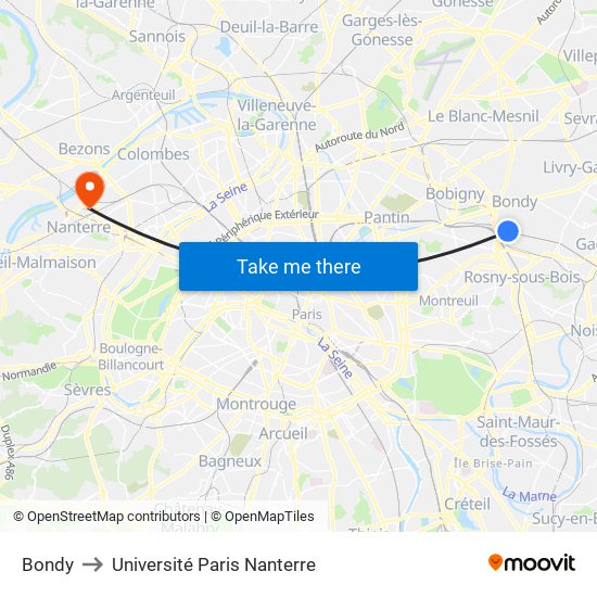 Bondy to Université Paris Nanterre map