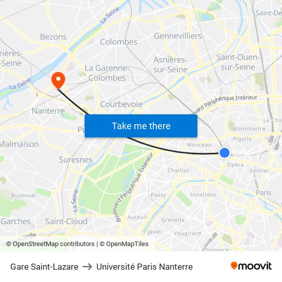 Gare Saint-Lazare to Université Paris Nanterre map