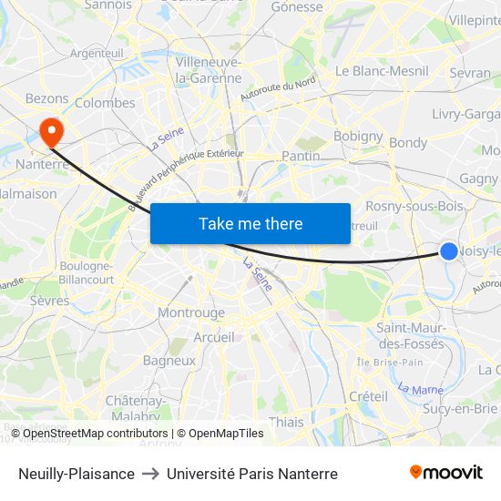 Neuilly-Plaisance to Université Paris Nanterre map
