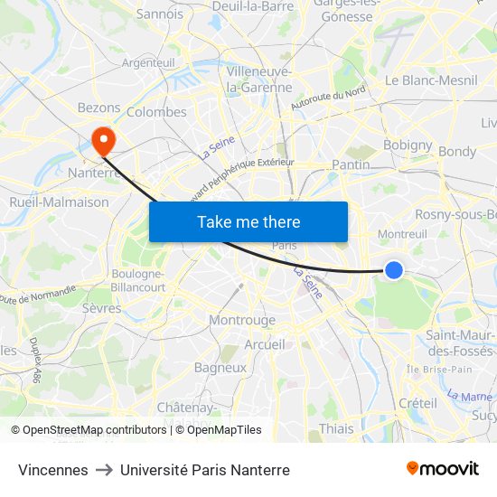 Vincennes to Université Paris Nanterre map
