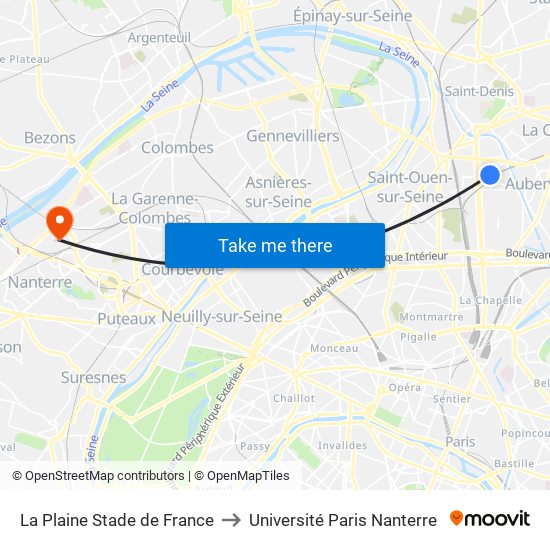 La Plaine Stade de France to Université Paris Nanterre map