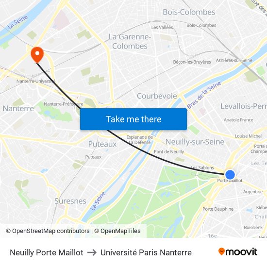 Neuilly Porte Maillot to Université Paris Nanterre map