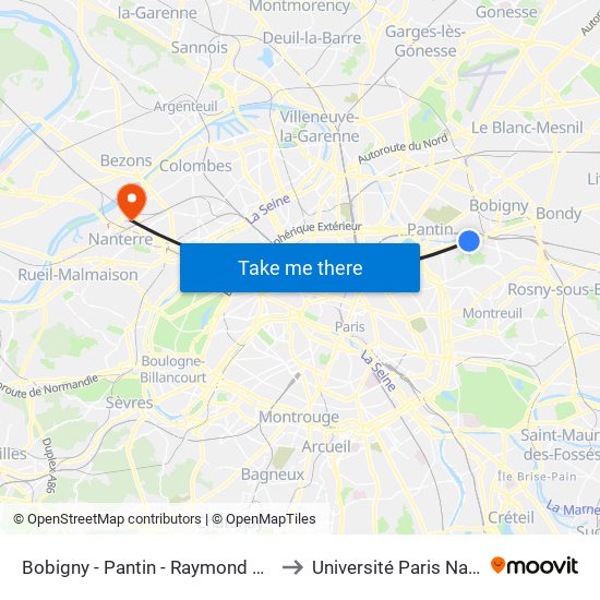 Bobigny - Pantin - Raymond Queneau to Université Paris Nanterre map