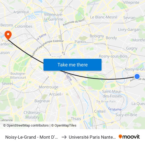 Noisy-Le-Grand - Mont D'Est to Université Paris Nanterre map