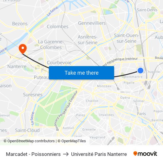 Marcadet - Poissonniers to Université Paris Nanterre map