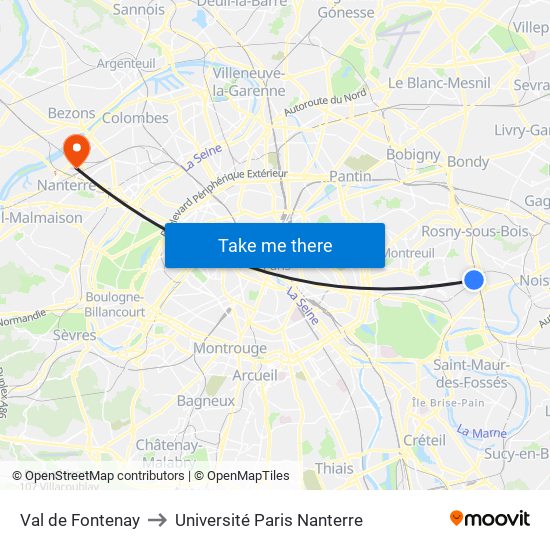 Val de Fontenay to Université Paris Nanterre map
