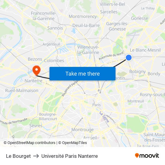 Le Bourget to Université Paris Nanterre map