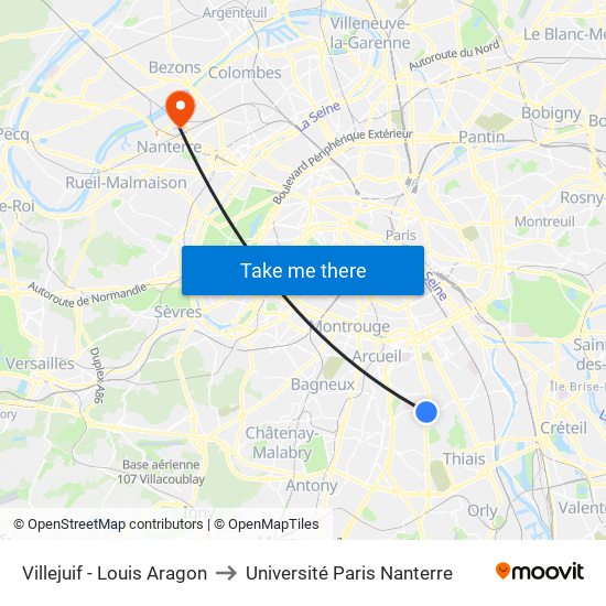 Villejuif - Louis Aragon to Université Paris Nanterre map