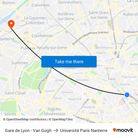 Gare de Lyon - Van Gogh to Université Paris Nanterre map