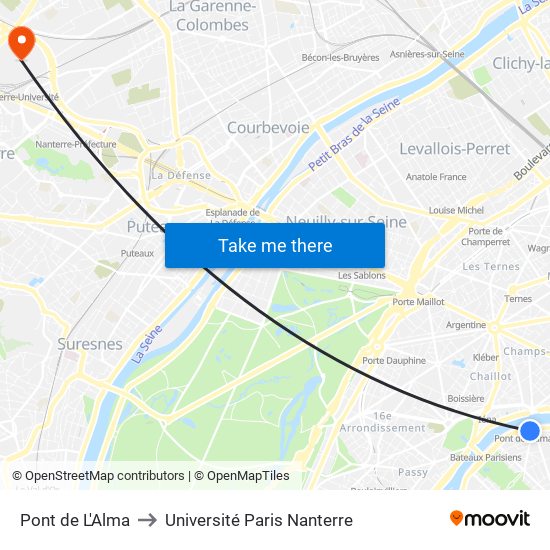 Pont de L'Alma to Université Paris Nanterre map
