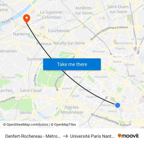 Denfert-Rochereau - Métro-Rer to Université Paris Nanterre map