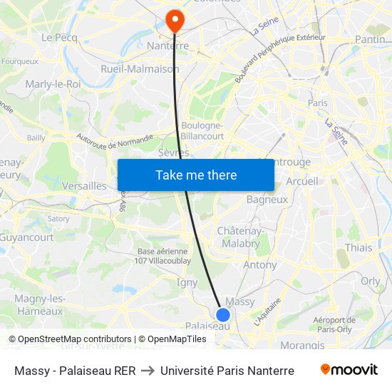 Massy - Palaiseau RER to Université Paris Nanterre map