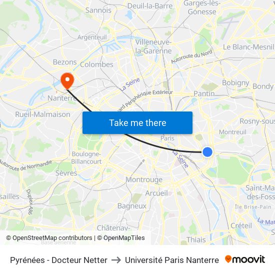 Pyrénées - Docteur Netter to Université Paris Nanterre map