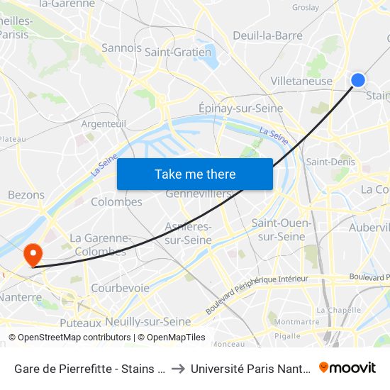 Gare de Pierrefitte - Stains RER to Université Paris Nanterre map