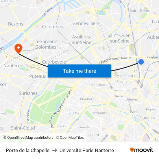 Porte de la Chapelle to Université Paris Nanterre map