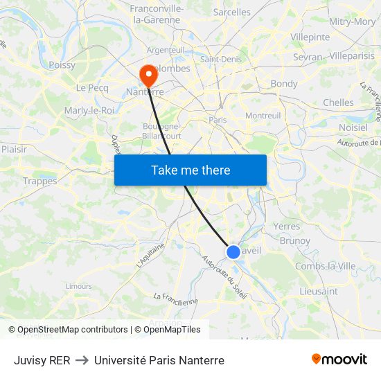 Juvisy RER to Université Paris Nanterre map