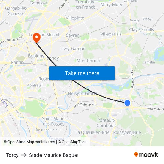 Torcy to Stade Maurice Baquet map