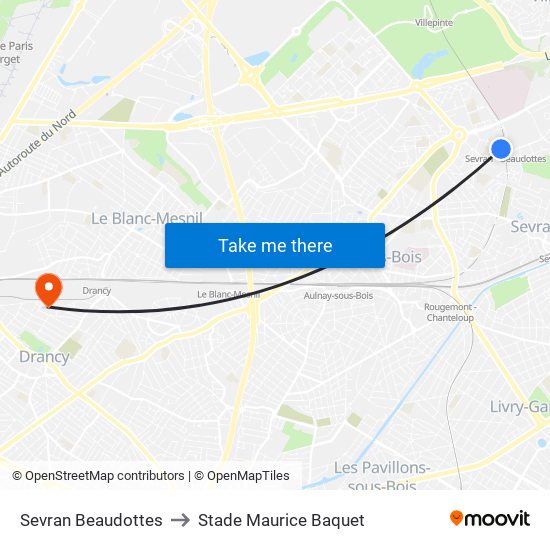 Sevran Beaudottes to Stade Maurice Baquet map