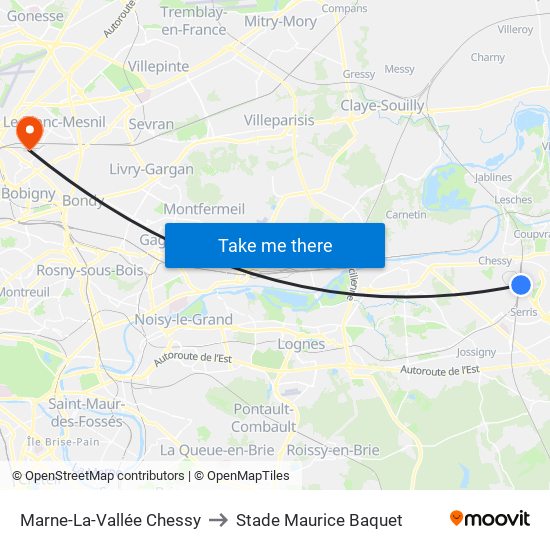 Marne-La-Vallée Chessy to Stade Maurice Baquet map