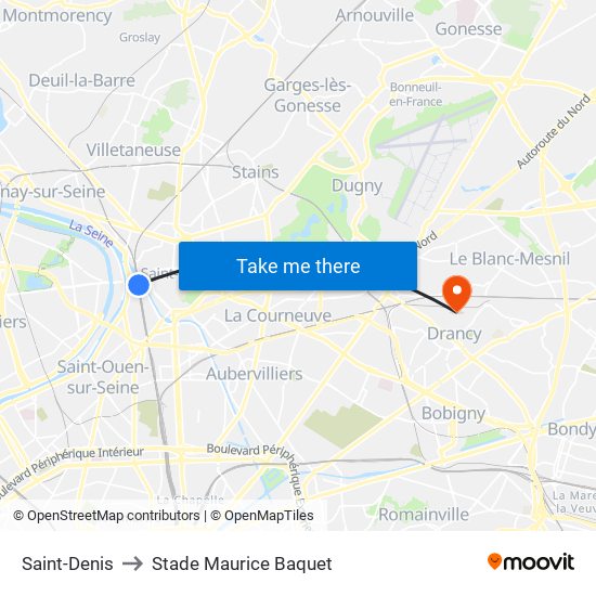 Saint-Denis to Stade Maurice Baquet map