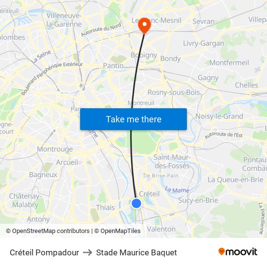 Créteil Pompadour to Stade Maurice Baquet map