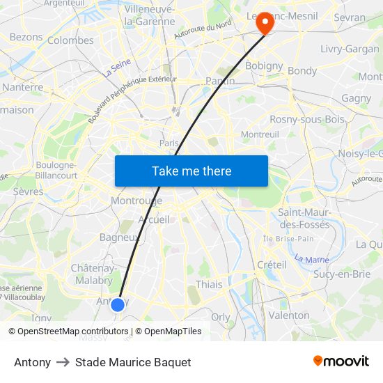 Antony to Stade Maurice Baquet map