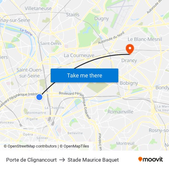 Porte de Clignancourt to Stade Maurice Baquet map