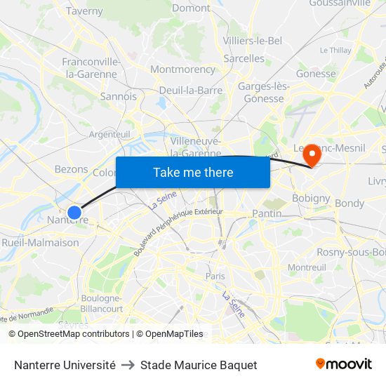 Nanterre Université to Stade Maurice Baquet map