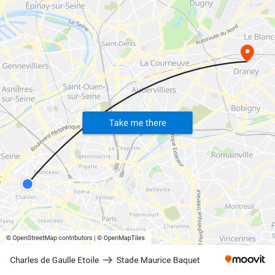 Charles de Gaulle Etoile to Stade Maurice Baquet map
