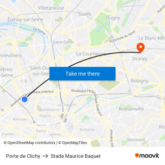 Porte de Clichy to Stade Maurice Baquet map