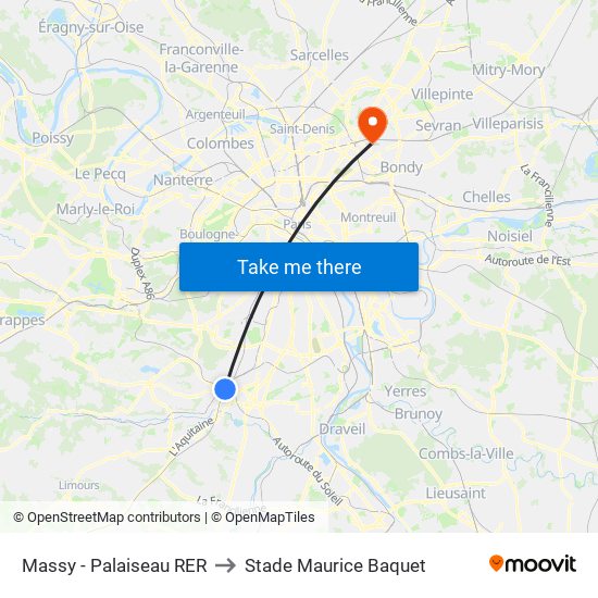 Massy - Palaiseau RER to Stade Maurice Baquet map