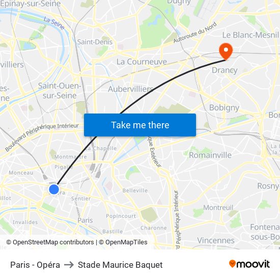 Paris - Opéra to Stade Maurice Baquet map