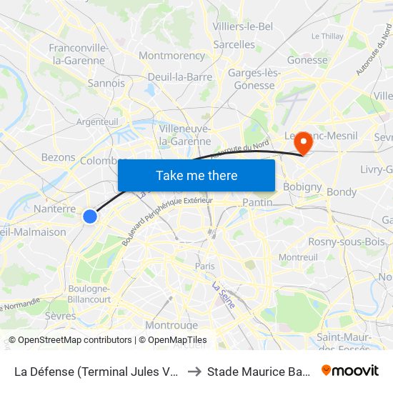 La Défense (Terminal Jules Verne) to Stade Maurice Baquet map