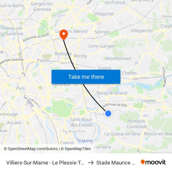 Villiers-Sur-Marne - Le Plessis-Trévise RER to Stade Maurice Baquet map