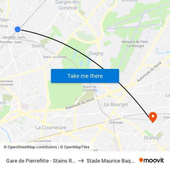 Gare de Pierrefitte - Stains RER to Stade Maurice Baquet map