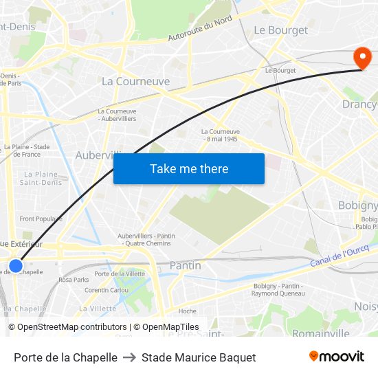Porte de la Chapelle to Stade Maurice Baquet map