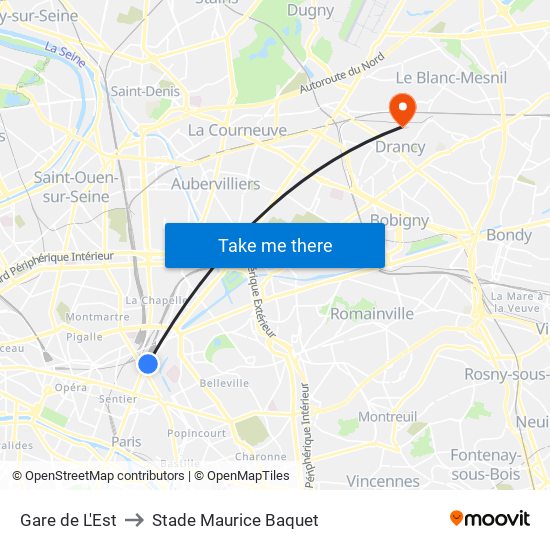 Gare de L'Est to Stade Maurice Baquet map