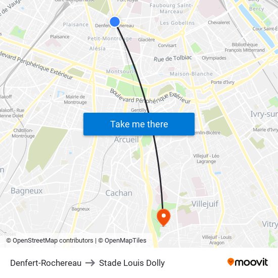 Denfert-Rochereau to Stade Louis Dolly map