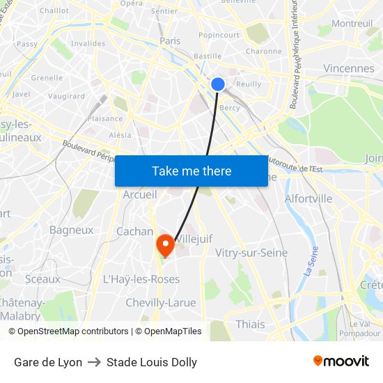 Gare de Lyon to Stade Louis Dolly map