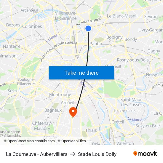 La Courneuve - Aubervilliers to Stade Louis Dolly map