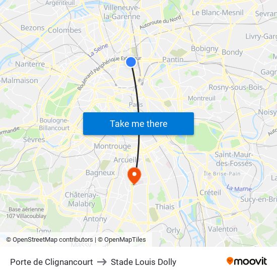 Porte de Clignancourt to Stade Louis Dolly map