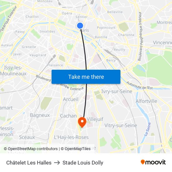 Châtelet Les Halles to Stade Louis Dolly map