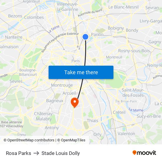 Rosa Parks to Stade Louis Dolly map