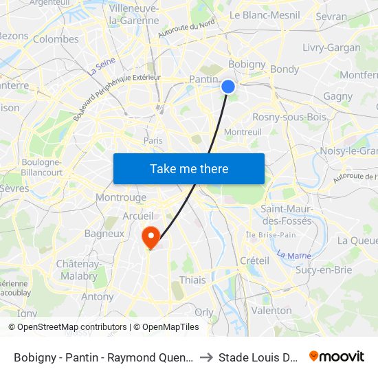 Bobigny - Pantin - Raymond Queneau to Stade Louis Dolly map