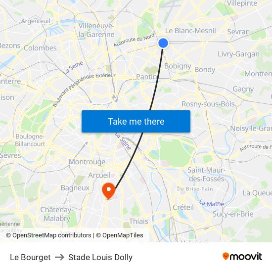 Le Bourget to Stade Louis Dolly map