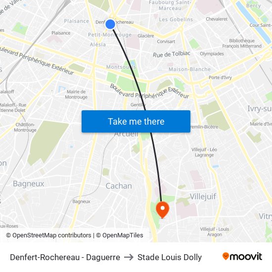 Denfert-Rochereau - Daguerre to Stade Louis Dolly map