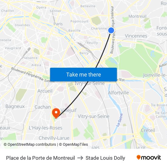 Place de la Porte de Montreuil to Stade Louis Dolly map