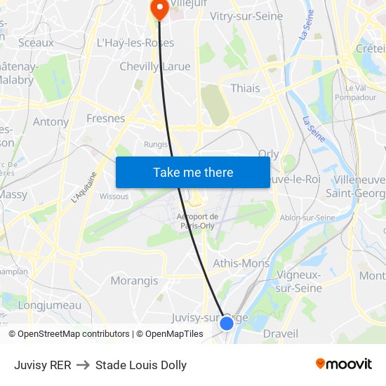 Juvisy RER to Stade Louis Dolly map