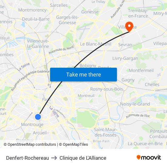 Denfert-Rochereau to Clinique de L'Alliance map