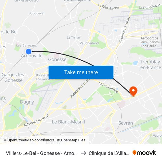 Villiers-Le-Bel - Gonesse - Arnouville to Clinique de L'Alliance map